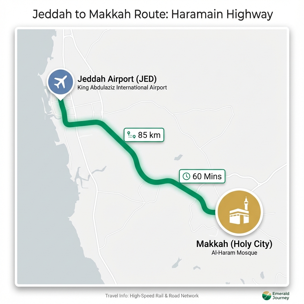 Map of journey from Jeddah Airport to Makkah